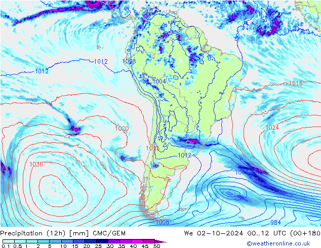 Precipitação (12h) CMC/GEM Qua 02.10.2024 12 UTC