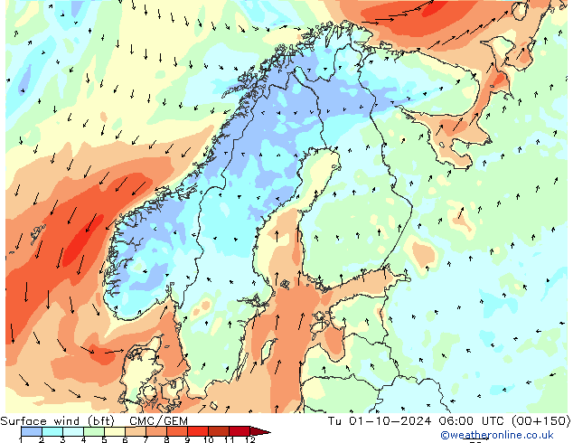 Vento 10 m (bft) CMC/GEM Ter 01.10.2024 06 UTC