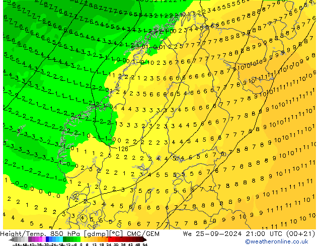 Height/Temp. 850 hPa CMC/GEM  25.09.2024 21 UTC