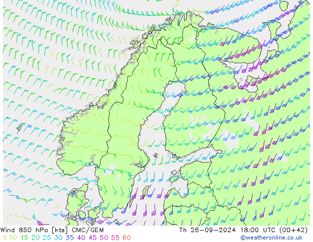 Viento 850 hPa CMC/GEM jue 26.09.2024 18 UTC