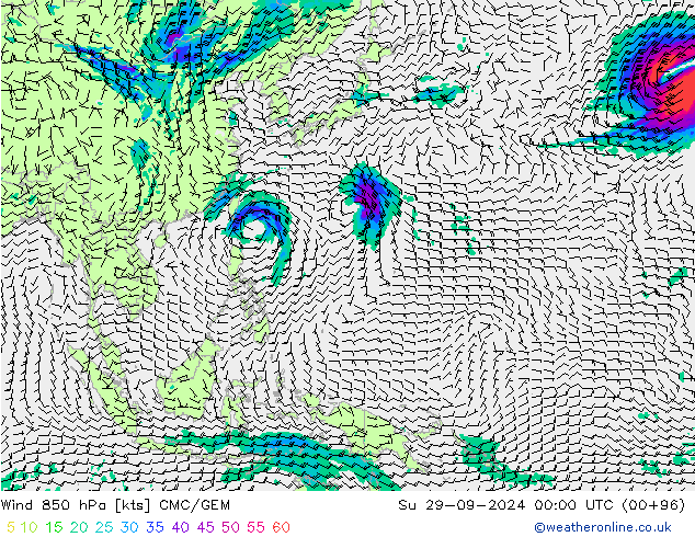 Wind 850 hPa CMC/GEM Su 29.09.2024 00 UTC