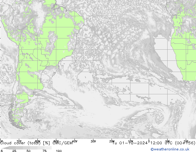 Cloud cover (total) CMC/GEM Tu 01.10.2024 12 UTC