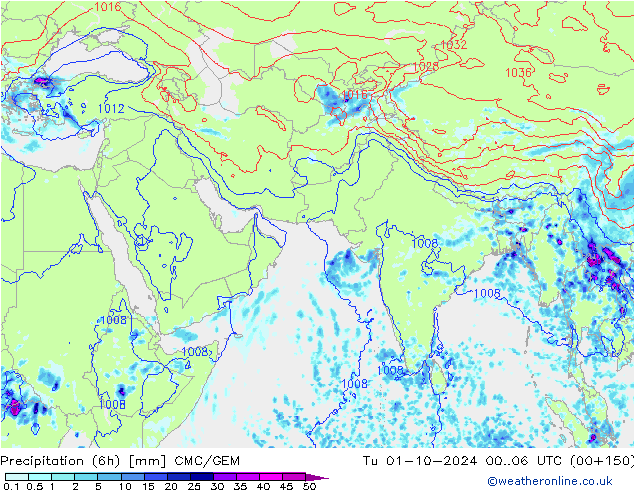 Totale neerslag (6h) CMC/GEM di 01.10.2024 06 UTC