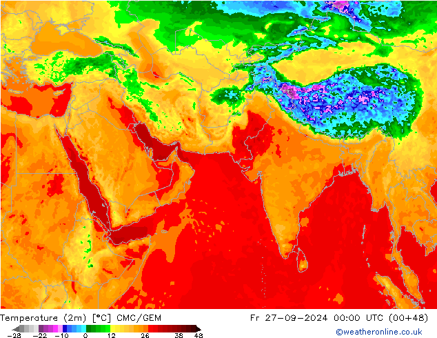 Temperatuurkaart (2m) CMC/GEM vr 27.09.2024 00 UTC