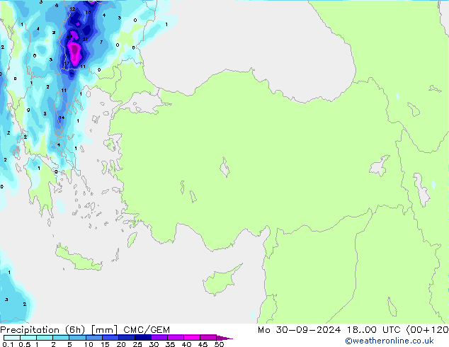 Totale neerslag (6h) CMC/GEM ma 30.09.2024 00 UTC