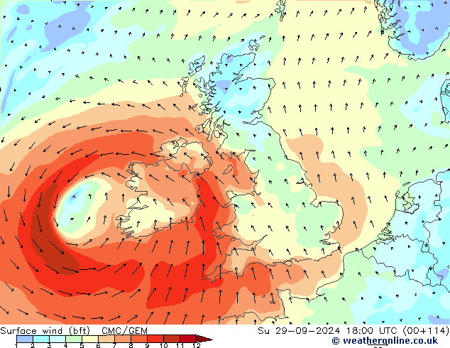 Surface wind (bft) CMC/GEM Su 29.09.2024 18 UTC