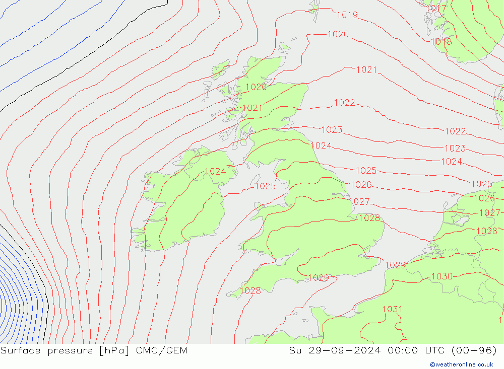 Surface pressure CMC/GEM Su 29.09.2024 00 UTC