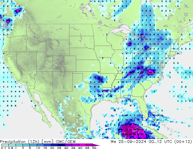 Precipitation (12h) CMC/GEM We 25.09.2024 12 UTC