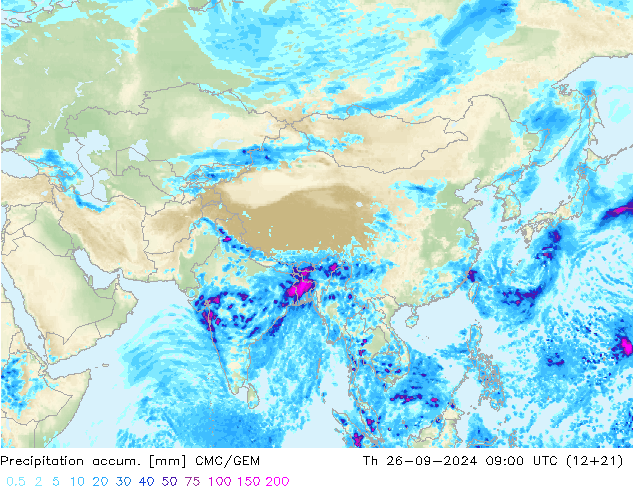 Precipitation accum. CMC/GEM czw. 26.09.2024 09 UTC