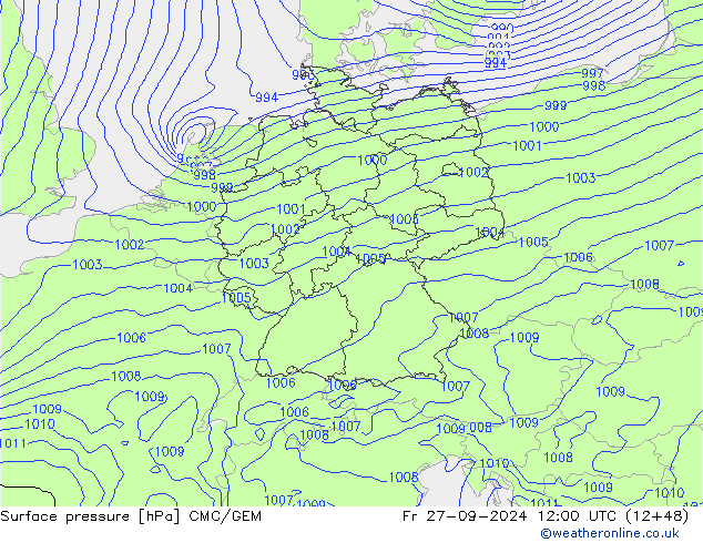 Luchtdruk (Grond) CMC/GEM vr 27.09.2024 12 UTC