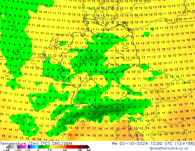 Temperaturkarte (2m) CMC/GEM Mi 02.10.2024 12 UTC