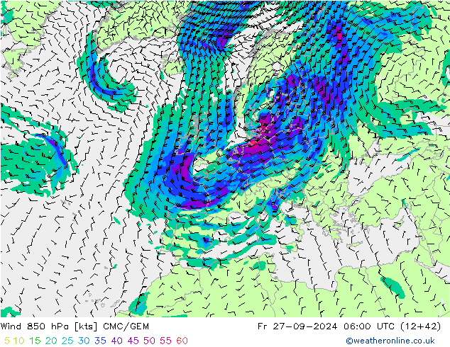 Vento 850 hPa CMC/GEM Sex 27.09.2024 06 UTC