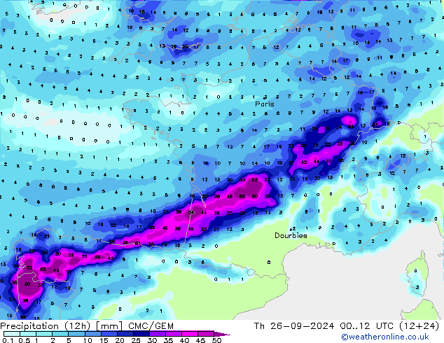 Precipitation (12h) CMC/GEM Th 26.09.2024 12 UTC