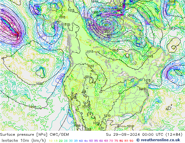 Isotaca (kph) CMC/GEM dom 29.09.2024 00 UTC