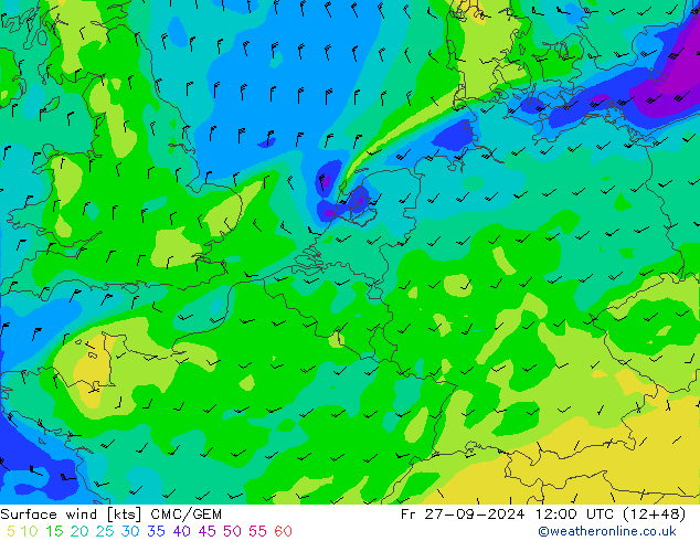 Vento 10 m CMC/GEM ven 27.09.2024 12 UTC