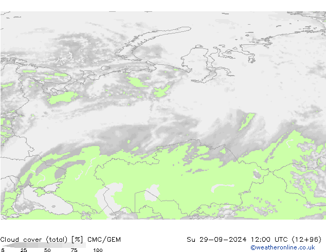 Cloud cover (total) CMC/GEM Ne 29.09.2024 12 UTC