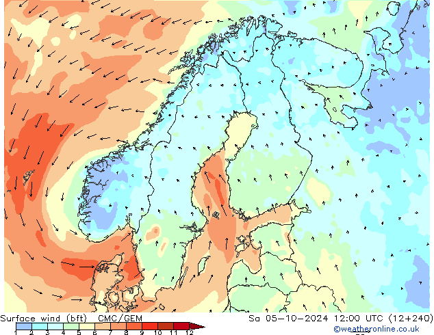 Viento 10 m (bft) CMC/GEM sáb 05.10.2024 12 UTC