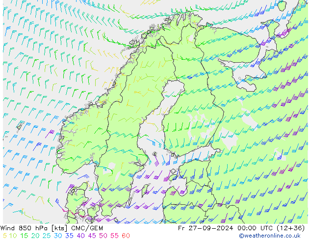 Vent 850 hPa CMC/GEM ven 27.09.2024 00 UTC