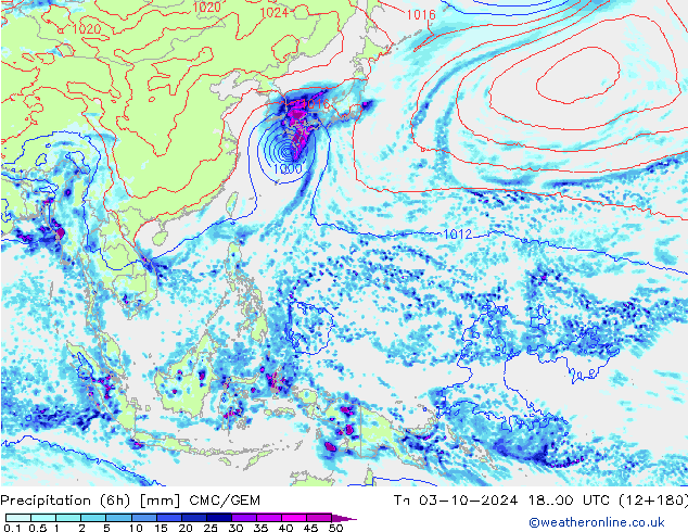 Precipitation (6h) CMC/GEM Th 03.10.2024 00 UTC