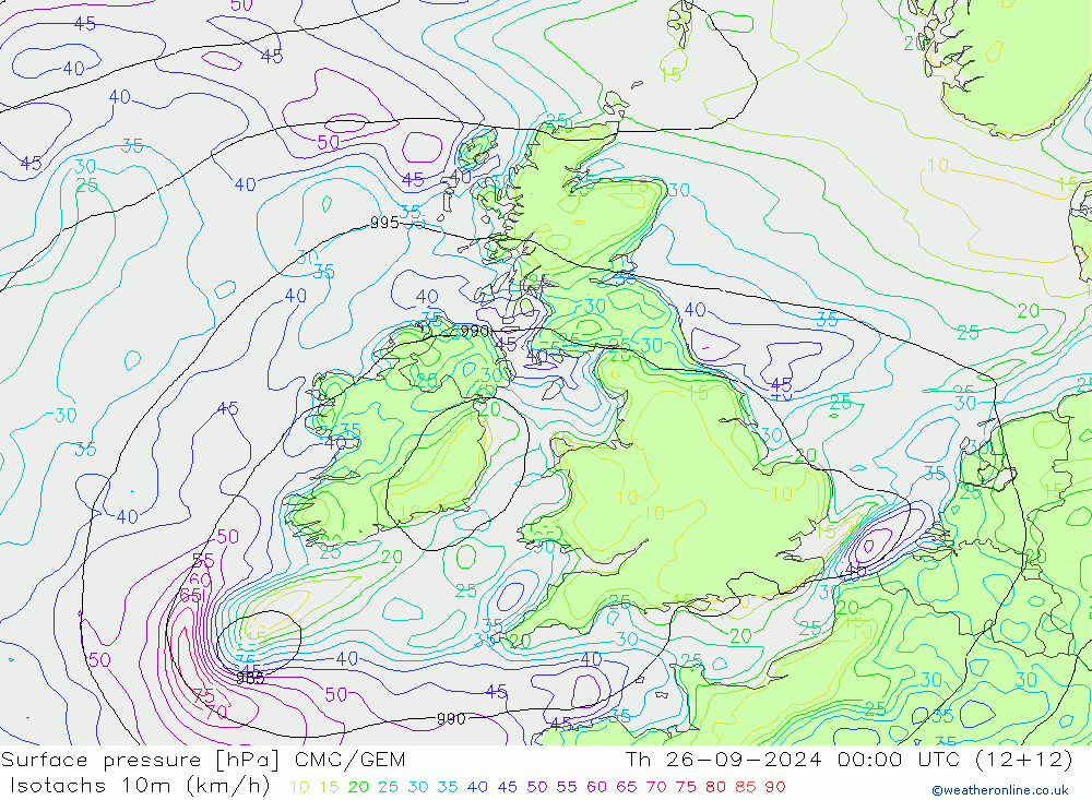 Isotachen (km/h) CMC/GEM do 26.09.2024 00 UTC