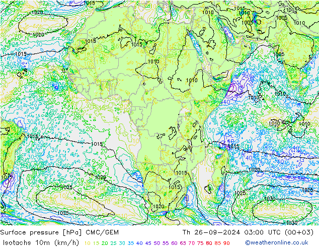 Isotachs (kph) CMC/GEM Th 26.09.2024 03 UTC