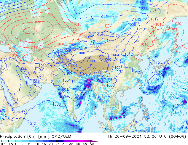 Totale neerslag (6h) CMC/GEM do 26.09.2024 06 UTC