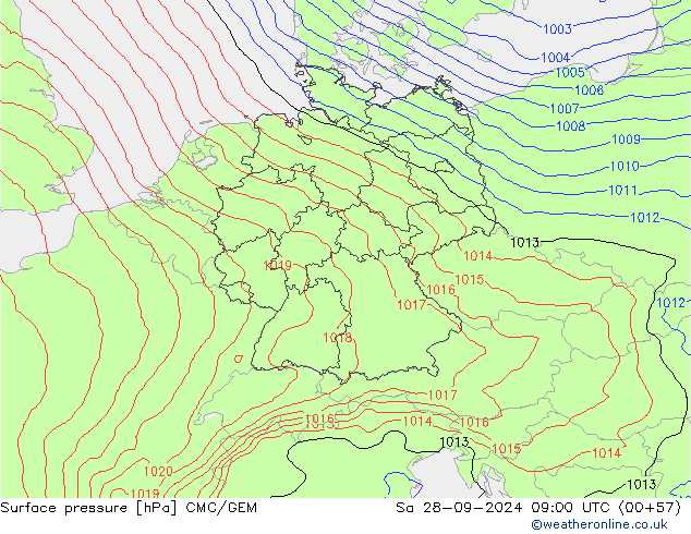 Surface pressure CMC/GEM Sa 28.09.2024 09 UTC