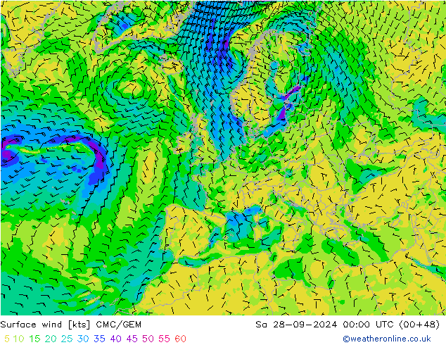 Surface wind CMC/GEM Sa 28.09.2024 00 UTC