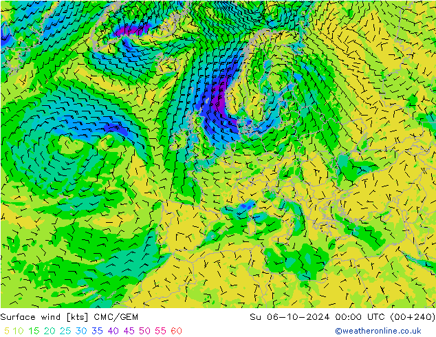 Surface wind CMC/GEM Su 06.10.2024 00 UTC