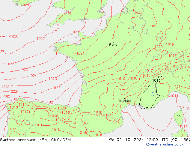 pression de l'air CMC/GEM mer 02.10.2024 12 UTC