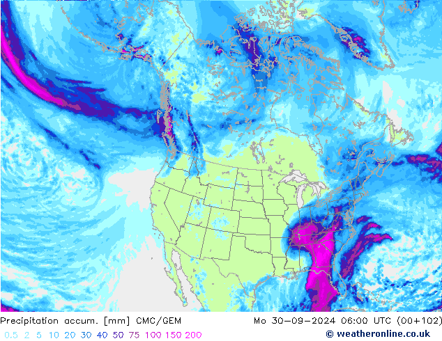 Precipitation accum. CMC/GEM Mo 30.09.2024 06 UTC