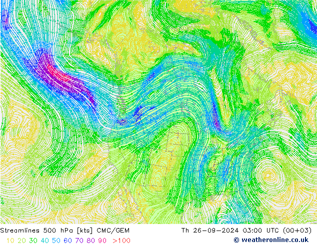 Linia prądu 500 hPa CMC/GEM czw. 26.09.2024 03 UTC