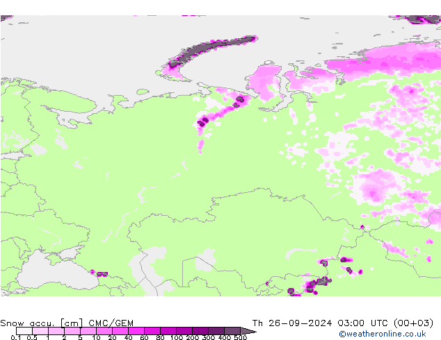 Snow accu. CMC/GEM Qui 26.09.2024 03 UTC