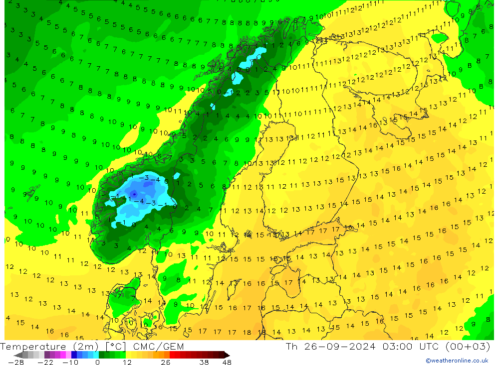 Temperatura (2m) CMC/GEM Qui 26.09.2024 03 UTC