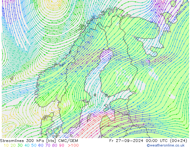 Streamlines 300 hPa CMC/GEM Pá 27.09.2024 00 UTC