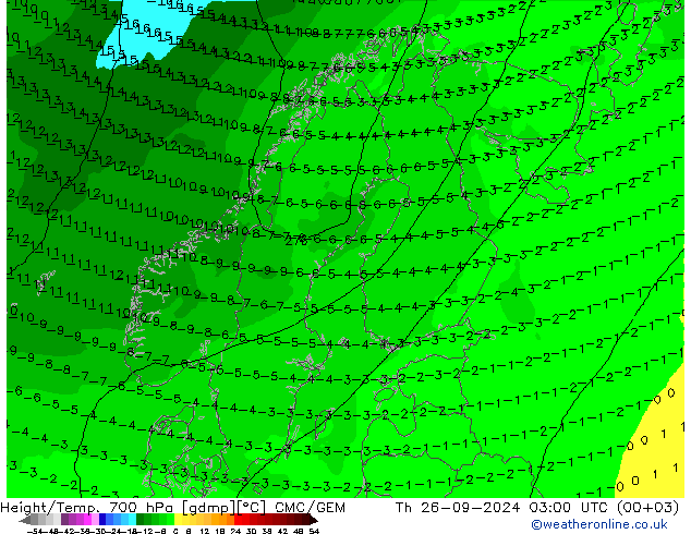 Height/Temp. 700 hPa CMC/GEM Qui 26.09.2024 03 UTC