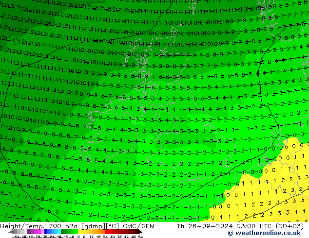 Height/Temp. 700 hPa CMC/GEM Qui 26.09.2024 03 UTC