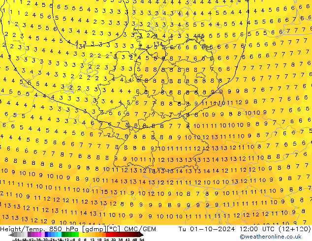 Yükseklik/Sıc. 850 hPa CMC/GEM Sa 01.10.2024 12 UTC