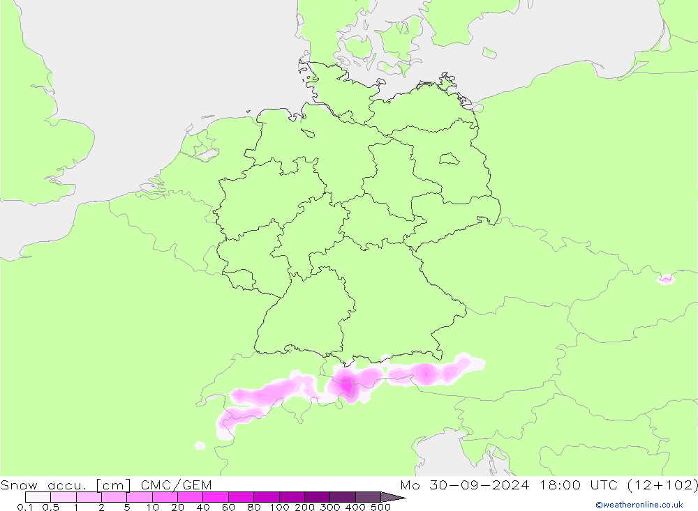 Snow accu. CMC/GEM Mo 30.09.2024 18 UTC