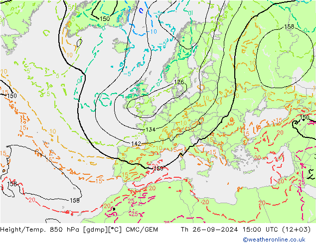 Height/Temp. 850 гПа CMC/GEM чт 26.09.2024 15 UTC