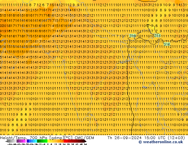 Height/Temp. 700 hPa CMC/GEM Th 26.09.2024 15 UTC