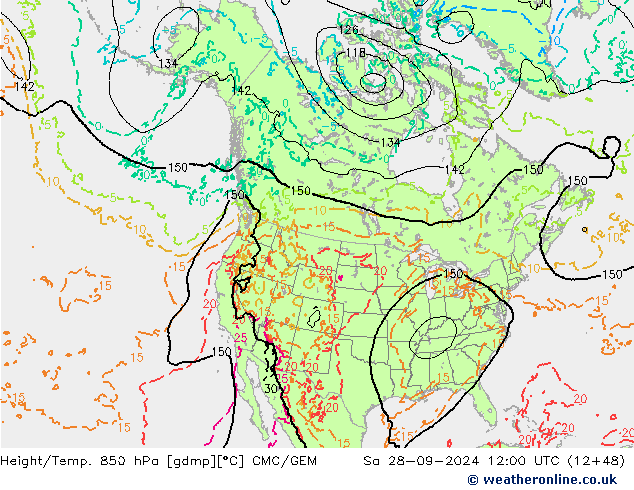 Height/Temp. 850 hPa CMC/GEM 星期六 28.09.2024 12 UTC