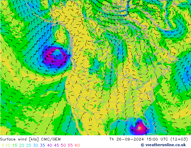 Surface wind CMC/GEM Čt 26.09.2024 15 UTC