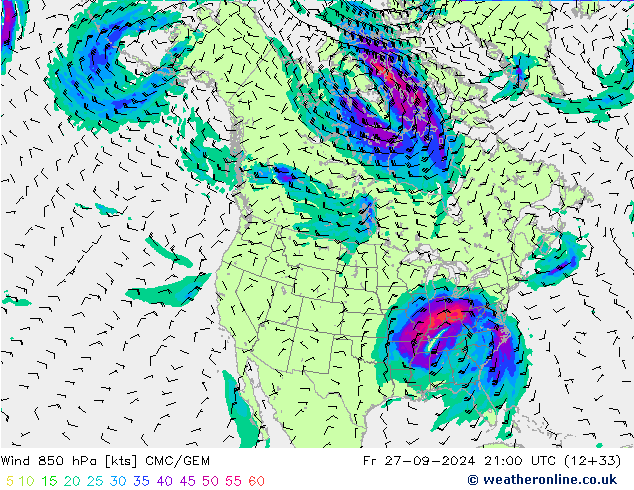 Rüzgar 850 hPa CMC/GEM Cu 27.09.2024 21 UTC