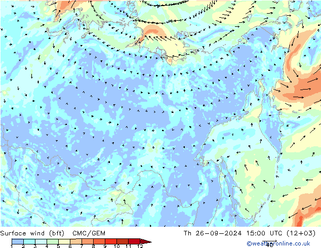 Surface wind (bft) CMC/GEM Th 26.09.2024 15 UTC