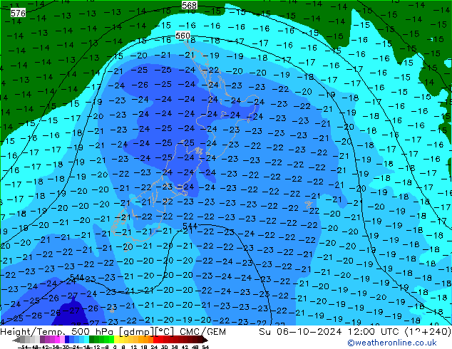 Height/Temp. 500 hPa CMC/GEM nie. 06.10.2024 12 UTC