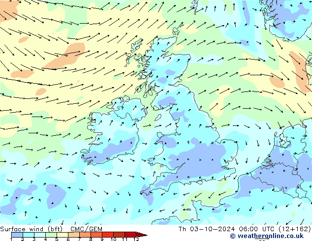 Wind 10 m (bft) CMC/GEM do 03.10.2024 06 UTC