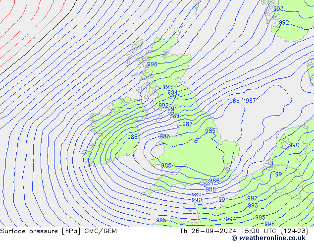 Atmosférický tlak CMC/GEM Čt 26.09.2024 15 UTC