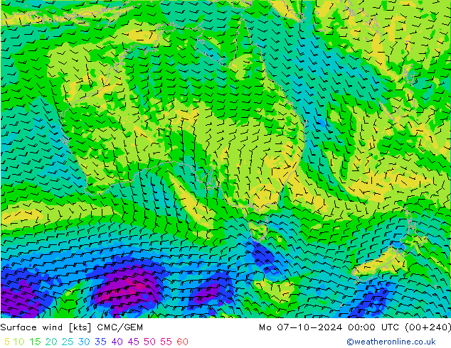 Surface wind CMC/GEM Mo 07.10.2024 00 UTC