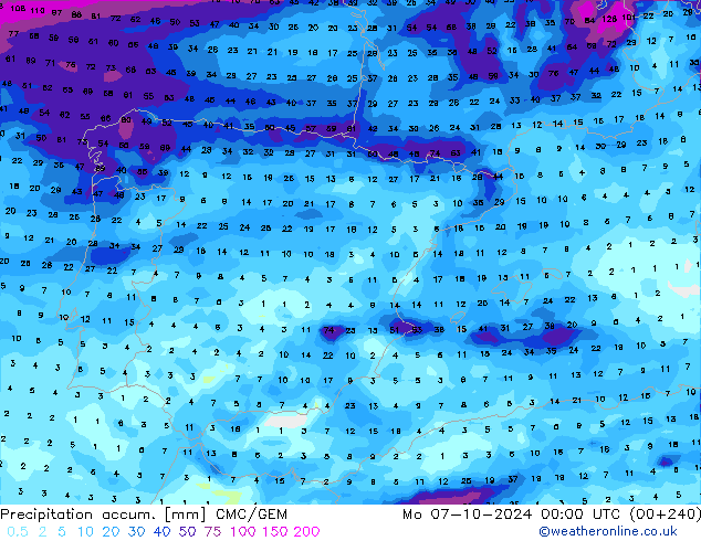 Precipitation accum. CMC/GEM Mo 07.10.2024 00 UTC